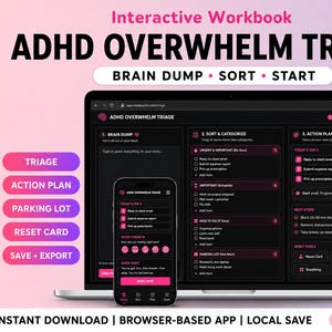 Cuaderno de trabajo interactivo para la gestión del estrés en personas con TDAH, organizador de ideas, priorizador de tareas y aplicación de temporizador de concentración.