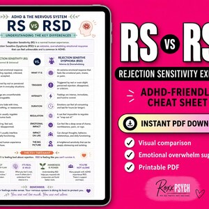 RS vs RSD Cheat Sheet | Rejection Sensitivity, Dysphoria, ADHD Nervous System Worksheet (pdf)