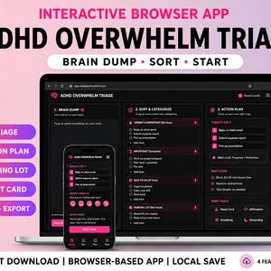 ADHD Överväldigande Triageverktyg Interaktiv webbläsarapp | Hjärndump och fokustimer | Prioriteringsspårare för exekutiv dysfunktion för vuxna