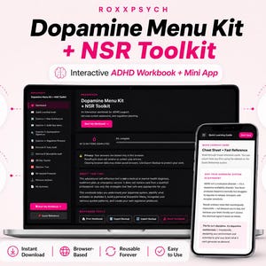 Mini aplikacja ADHD Dopamine Menu, interaktywny zeszyt ćwiczeń dotyczący regulacji układu nerwowego i 28-dniowy tracker