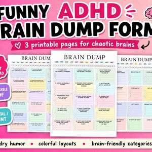 Könnte beinhalten: Ein pinkfarbenes und weißes, druckbares ADHD-Brain-Dump-Formular mit dem Text "FUNNY ADHD BRAIN DUMP FORMS". Das Formular hat farbenfrohe Layouts und gehirnfreundliche Kategorien. Enthält die Optionen "Sofort-Download" und "Druckbares PDF".