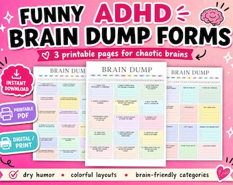 Funny ADHD Brain Dump Printable Forms, Chaotic Brain Worksheets (Digital Download)