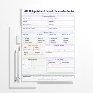 ADHD-afspraakannuleringsformulier, planner voor nieuwe planning, pdf-organizer medische afspraak bij stoornissen van het functioneren