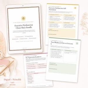 Executive Dysfunction Cheat Sheet Bundle video preview showing a 42-page printable toolkit with worksheets for task paralysis, time blindness, planning, organization, procrastination, self-assessment, and daily support.