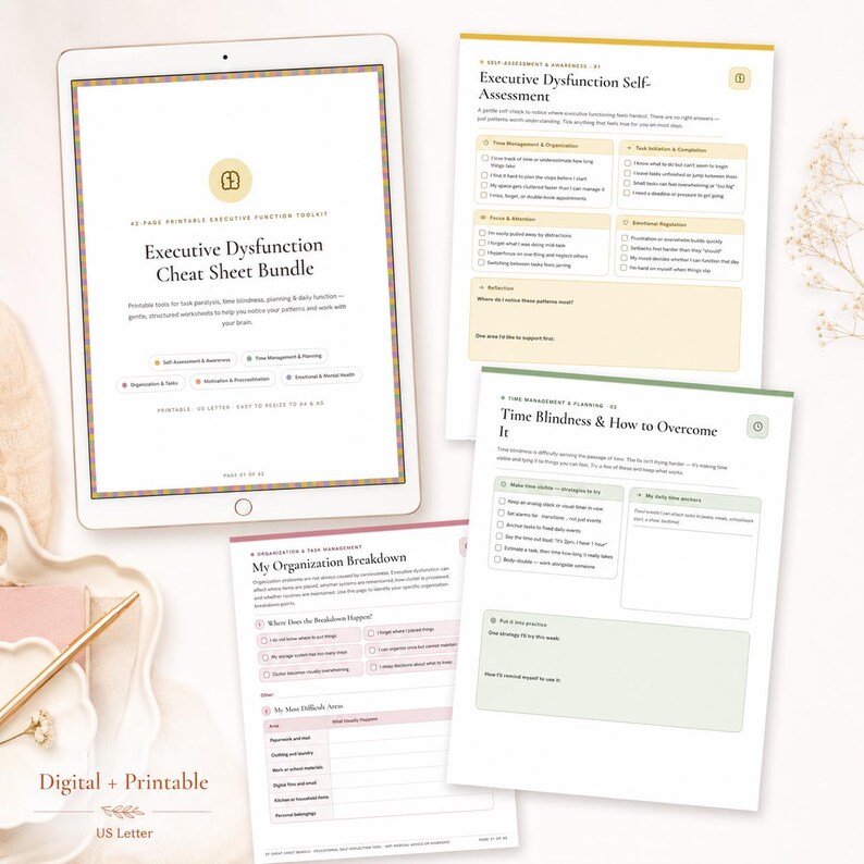 Executive Dysfunction Cheat Sheet Bundle video preview showing a 42-page printable toolkit with worksheets for task paralysis, time blindness, planning, organization, procrastination, self-assessment, and daily support.