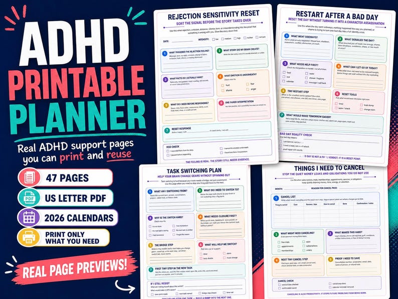 ADHD Printable Planner, Executive Function Support, Life Admin Reset ...