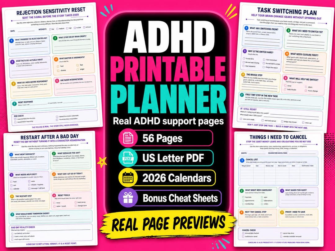 ADHD Printable Planner, Executive Function Support, Life Admin Reset ...
