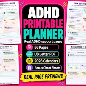 May include: ADHD printable planner with 56 pages, US Letter PDF, 2026 calendars, and bonus cheat sheets. The planner includes pages for rejection sensitivity reset, task switching, and restarting after a bad day. The text "Real Page Previews" is also visible.