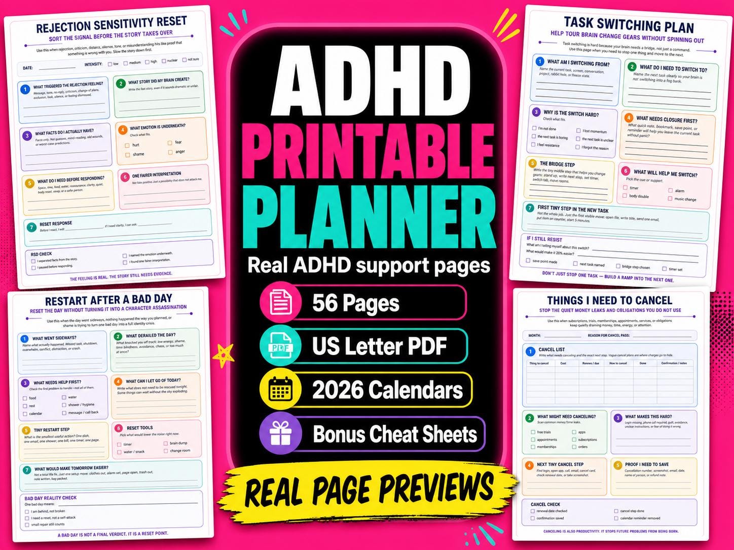 ADHD Printable Planner, Executive Function Support, Life Admin Reset ...