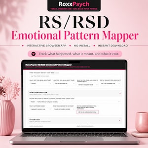 May include: A laptop screen displays the RoxxPsych RS/RSD Emotional Pattern Mapper, an interactive browser app. The interface includes fields for tracking thoughts, meanings, reaction directions, and physical signs of emotional patterns.