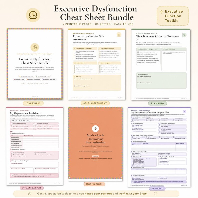 Executive Dysfunction Cheat Sheet Bundle video preview showing a 42-page printable toolkit with worksheets for task paralysis, time blindness, planning, organization, procrastination, self-assessment, and daily support.