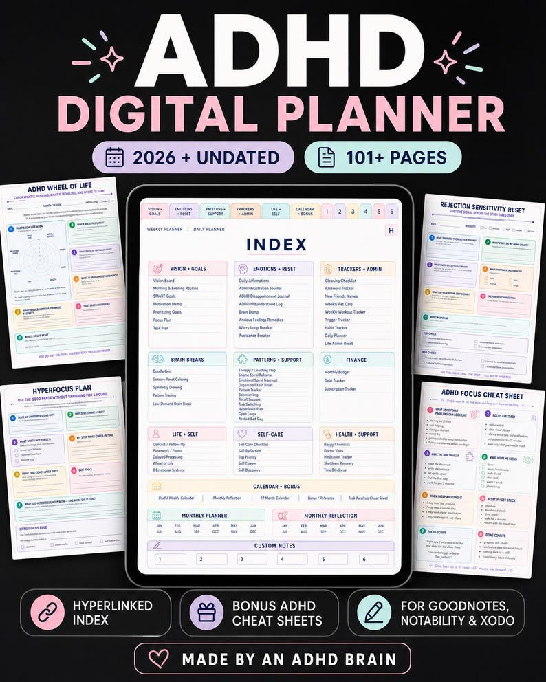 ADHD Digital Planner, Goodnotes, Undated Calendar, Executive Function ...