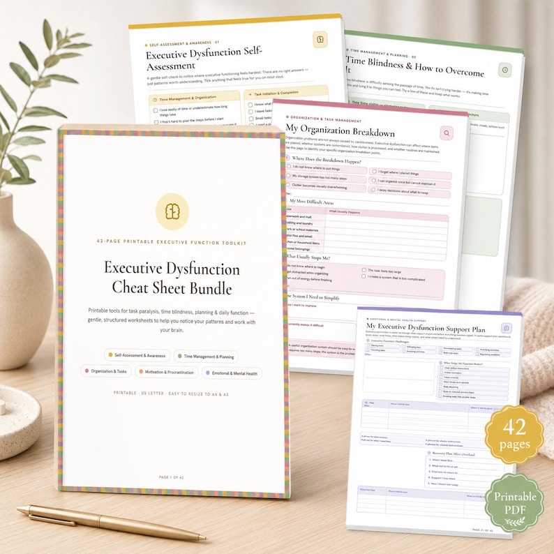 Executive Dysfunction Cheat Sheet Bundle video preview showing a 42-page printable toolkit with worksheets for task paralysis, time blindness, planning, organization, procrastination, self-assessment, and daily support.