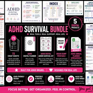 May include: ADHD Survival Bundle digital products. Includes 72 cheat sheets, a digital planner, admin survival kit, brain dump printable, and an annual planner spreadsheet. Designed for ADHD minds. Focus better, get organized, and feel in control.