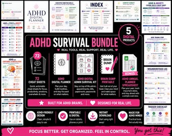 ADHD Digital Bundle, 72 Cheat Sheets, Planner, Admin Kit, Brain Dump (Digital Download)