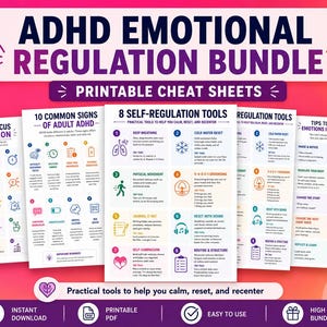 May include: A set of printable cheat sheets titled "ADHD Emotional Regulation Bundle." The sheets provide information on attention, signs of ADHD, and self-regulation. The design uses pink, purple, and white, with icons and text.