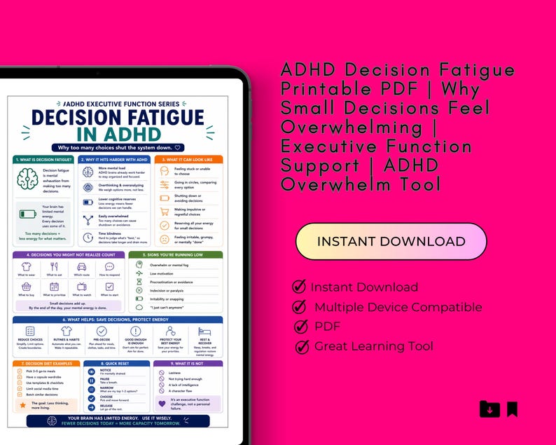May include: A digital download on a tablet screen with the title "Decision Fatigue in ADHD." The infographic includes sections on decision fatigue, its impact, and strategies for managing it. Text on a pink background reads "ADHD Decision Fatigue, Printable PDF, Instant Download."