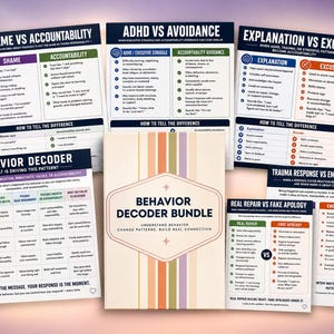 以下が含まれることがあります： Behavior Decoder Bundleというタイトルのフォルダーと、教育用チャートのコレクション。各ドキュメントには、Shame vs Accountability、ADHD vs Avoidance、Explanation vs Excuse、Real Repair vs Fake Apologyといった概念を比較するテキストが記載されています。
