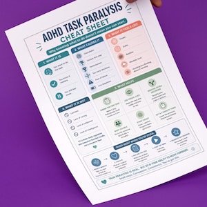 May include: A white printed sheet titled "ADHD Task Paralysis Cheat Sheet" with sections on causes, feelings, and solutions. The sheet is held against a purple background, with text and icons in various colors.