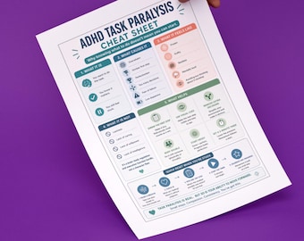 May include: A white printed sheet titled "ADHD Task Paralysis Cheat Sheet" with sections on causes, feelings, and solutions. The sheet is held against a purple background, with text and icons in various colors.