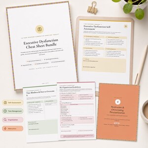 Executive Dysfunction Cheat Sheet Bundle video preview showing a 42-page printable toolkit with worksheets for task paralysis, time blindness, planning, organization, procrastination, self-assessment, and daily support.
