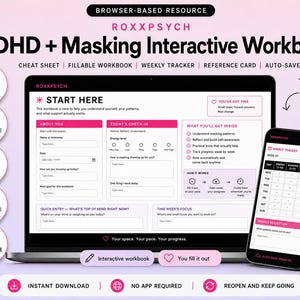 Może przedstawiać: Cyfrowy interaktywny skoroszyt dotyczący ADHD i maskowania wyświetlany na ekranie laptopa i smartfona. Interfejs zawiera różowe i białe sekcje do śledzenia energii, cotygodniowych celów i osobistych odpraw, z etykietami tekstowymi takimi jak Start Here.
