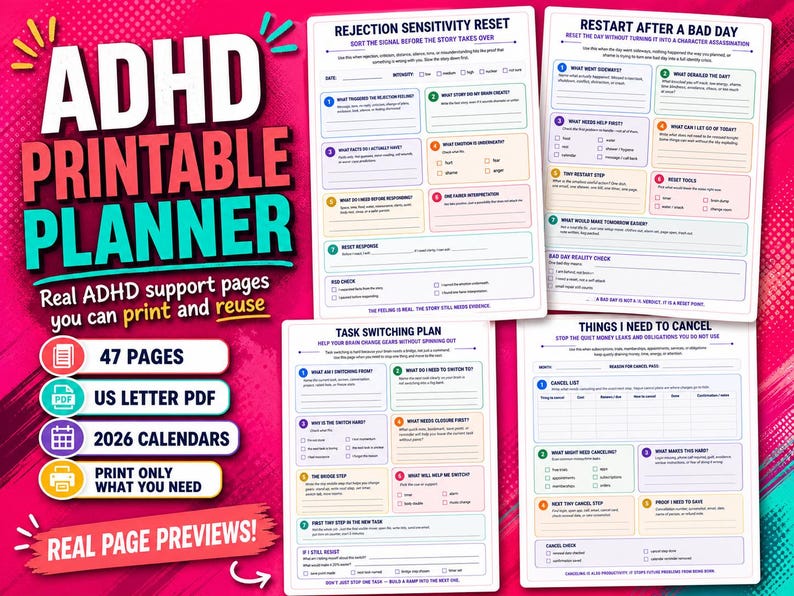 ADHD Printable Planner, Executive Function Support, Life Admin Reset ...