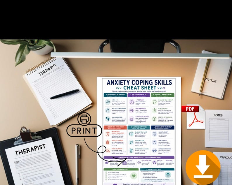 Anxiety Coping Skills Cheat Sheet Grounding Breathing Calming Tools 