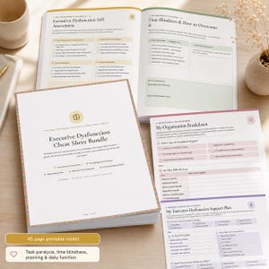 Könnte beinhalten: Ein 42-seitiges druckbares Executive-Function-Toolkit mit dem Titel Executive Dysfunction Cheat Sheet Bundle, das Arbeitsblätter zur Selbsteinschätzung, Zeitmanagement, Organisation und Unterstützungspläne mit Checkboxen enthält.