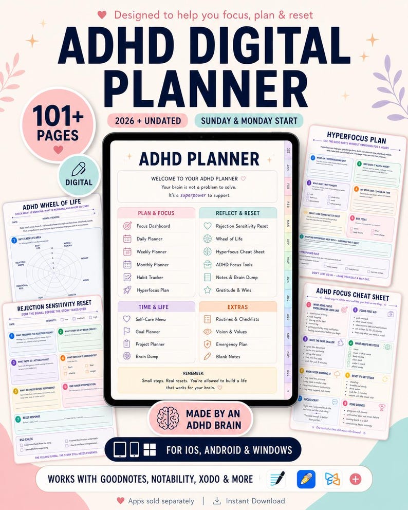 ADHD Digital Planner, Goodnotes, Undated Calendar, Executive Function ...