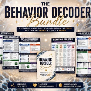 May include: The Behavior Decoder Bundle features six printable cheat sheets with dark blue and gold text on white backgrounds. The central card displays the title and subtitle, surrounded by five detailed charts covering topics like shame, accountability, and trauma responses.