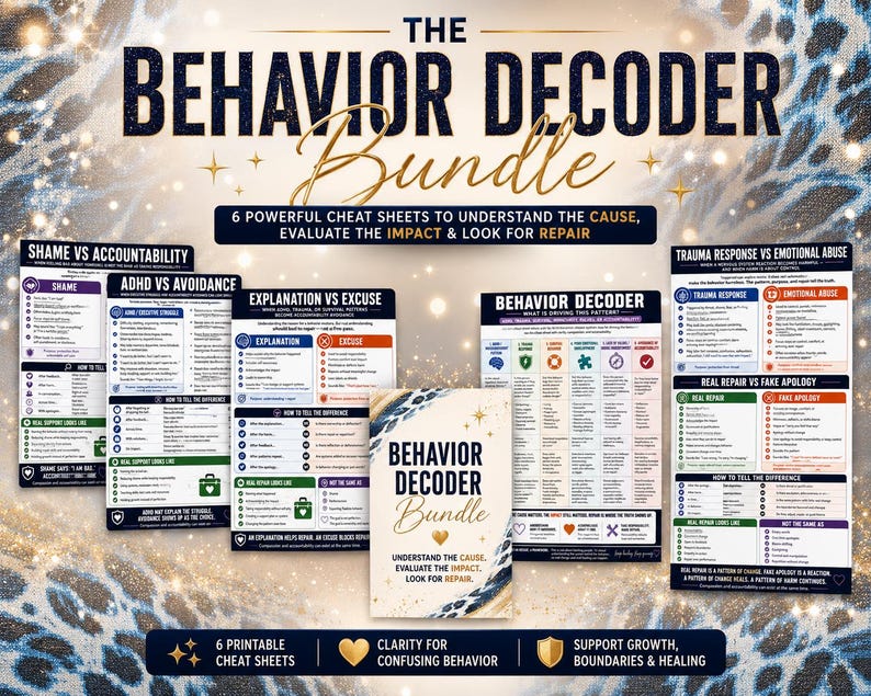 以下が含まれることがあります： Behavior Decoder Bundleは、白地にダークブルーとゴールドの文字が印刷された6枚のチートシートです。中央のカードにはタイトルとサブタイトルが記載されており、その周囲には恥、責任、トラウマ反応などのトピックを網羅した5枚の詳細なチャートが配置されています。