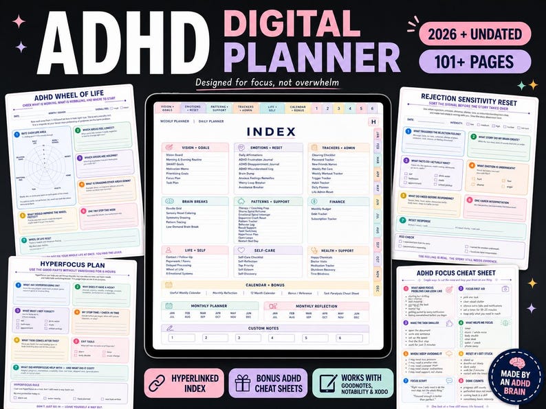 ADHD Digital Planner, Goodnotes, Undated Calendar, Executive Function ...
