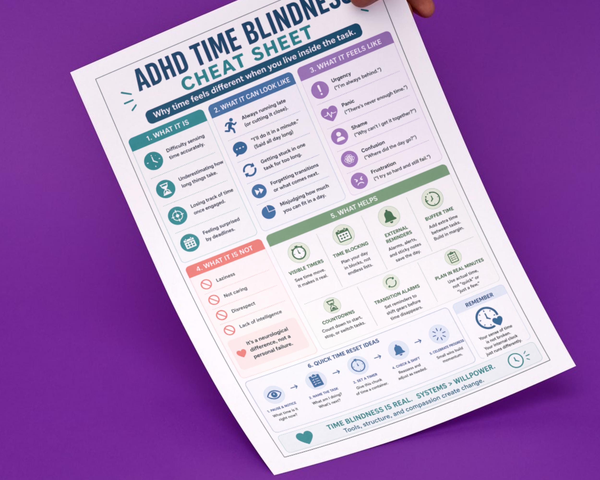 ADHD Time Blindness Cheat Sheet | Executive Functioning Visual Aid ...