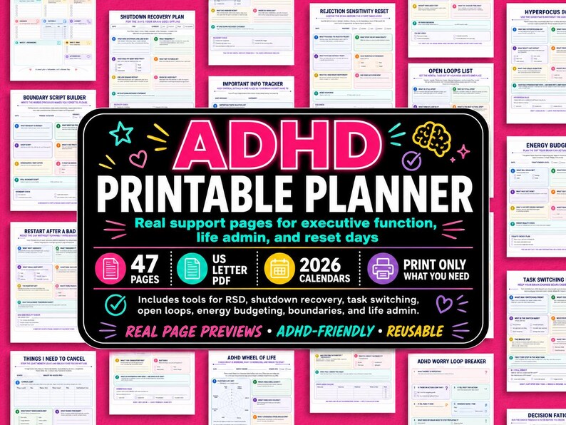 ADHD Printable Planner, Executive Function Support, Life Admin Reset ...