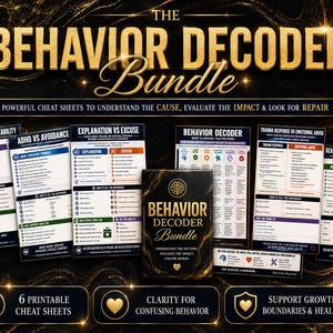 以下が含まれることがあります： Behavior Decoder Bundleには、6枚の印刷可能なチートシートと中央のカードデッキが含まれています。各シートは、Shame vs Accountability、ADHD vs Avoidance、Real Repair vs Fake Apologyなどの概念を黒地に金色の文字で比較しています。