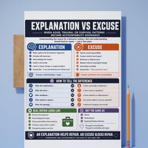 以下が含まれることがあります： EXPLANATION VS EXCUSEというタイトルの白い教育用ポスター。青、オレンジ、緑、紫のセクションで構成されています。ADHDやトラウマに関する説明と言い訳の違いを、箇条書き、アイコン、テキストで解説しています。
