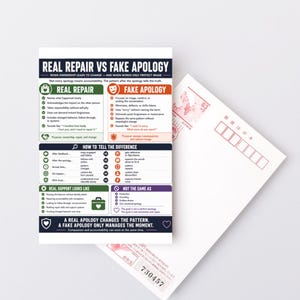 以下が含まれることがあります： Real Repair vs Fake Apologyというタイトルの長方形の情報カード。緑とオレンジのセクションで行動を対比させている。その下には、赤い日本語のテキストが印刷された白いポストカードが一部重なって配置されている。
