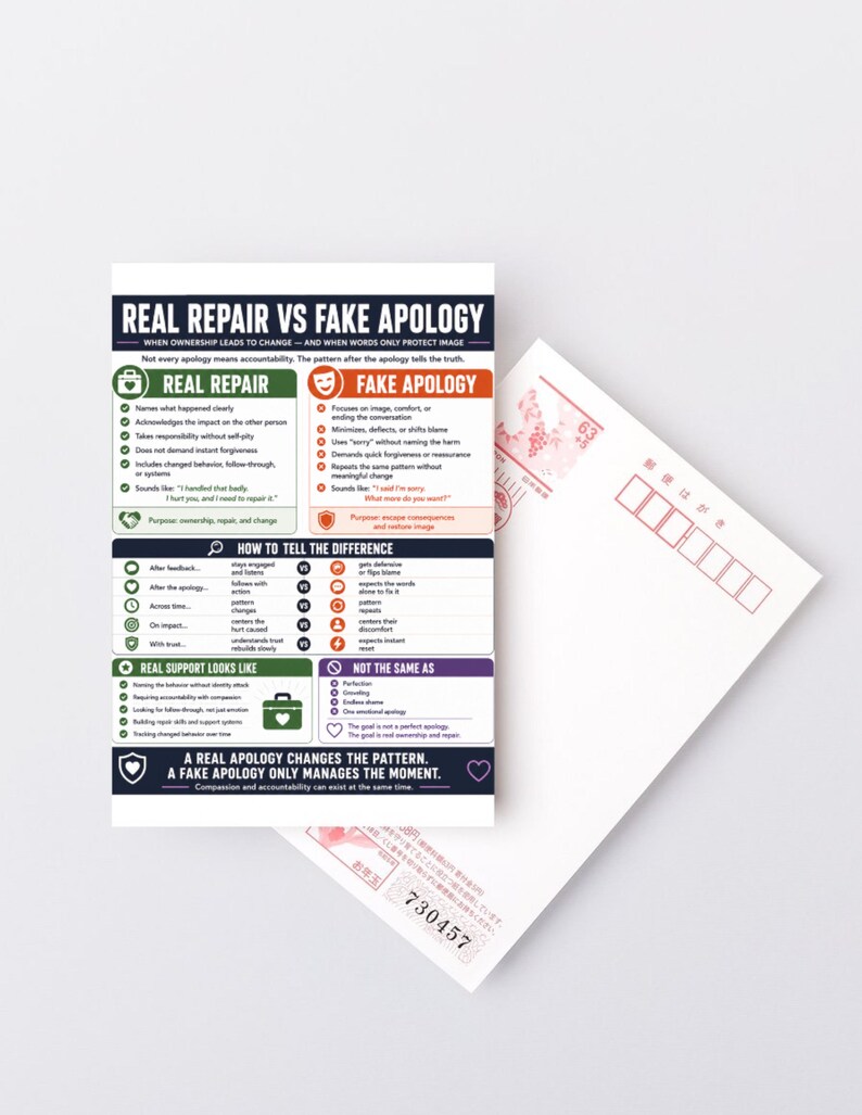 以下が含まれることがあります： Real Repair vs Fake Apologyというタイトルの長方形の情報カード。緑とオレンジのセクションで行動を対比させている。その下には、赤い日本語のテキストが印刷された白いポストカードが一部重なって配置されている。