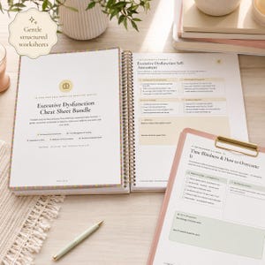 Executive Dysfunction Cheat Sheet Bundle video preview showing a 42-page printable toolkit with worksheets for task paralysis, time blindness, planning, organization, procrastination, self-assessment, and daily support.