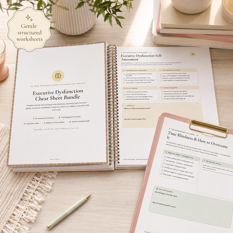 Executive Dysfunction Cheat Sheet Bundle video preview showing a 42-page printable toolkit with worksheets for task paralysis, time blindness, planning, organization, procrastination, self-assessment, and daily support.