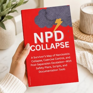 Könnte beinhalten: Ein rotes Buch mit dem Titel NPD COLLAPSE: A Survivor's Map of Narcissistic Collapse, Coercive Control, and Post-Separation Escalation—With Safety Plans, Scripts, and Documentation Tools. Das Cover zeigt eine dunkelgraue Gewitterwolke und einen gelben Blitz.