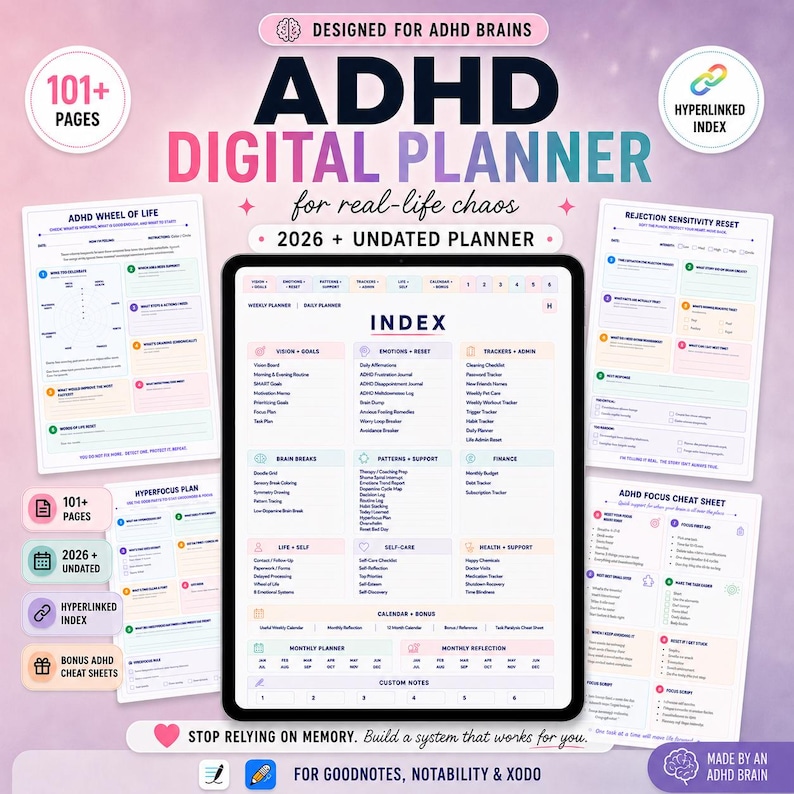 ADHD Digital Planner, Goodnotes, Undated Calendar, Executive Function ...