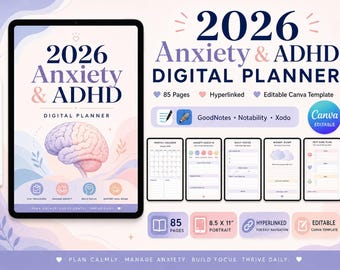 2026 Anxiety & ADHD Digital Planner | Hyperlinked Wellness, Self-Care PDF