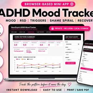 ADHD Mood Tracker – Interactive Browser Workbook – Daily Log, RSD, Shame Spiral, Dashboard, 7-Day Pattern Report – No Login