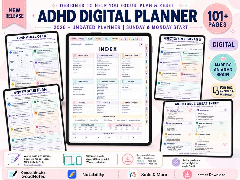 ADHD Digital Planner, Goodnotes, Undated Calendar, Executive Function ...