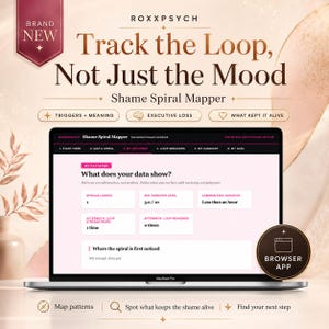 Może przedstawiać: Laptop z aplikacją przeglądarkową Roxxpsych Shame Spiral Mapper. Ekran pokazuje interfejs My Patterns z polami danych dla zarejestrowanych spirali i czasu trwania. Tekst zawiera: Track the Loop, Not Just the Mood.
