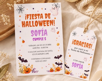 Invitacion Fiesta de Halloween Editable Canva, Plantilla Cumpleaños Infantil, Etiqueta Gracias, Descarga Digital