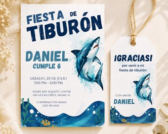 Invitacion Fiesta de Tiburón Editable Canva, Cumpleaños Infantil, Plantilla Canva, Etiqueta Gracias, Descarga Digital