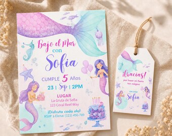 Invitacion Cumpleanos Sirena Editable, Fiesta Sirena Infantil, Under the Sea, Plantilla Canva, Descarga Instantanea, 5x7